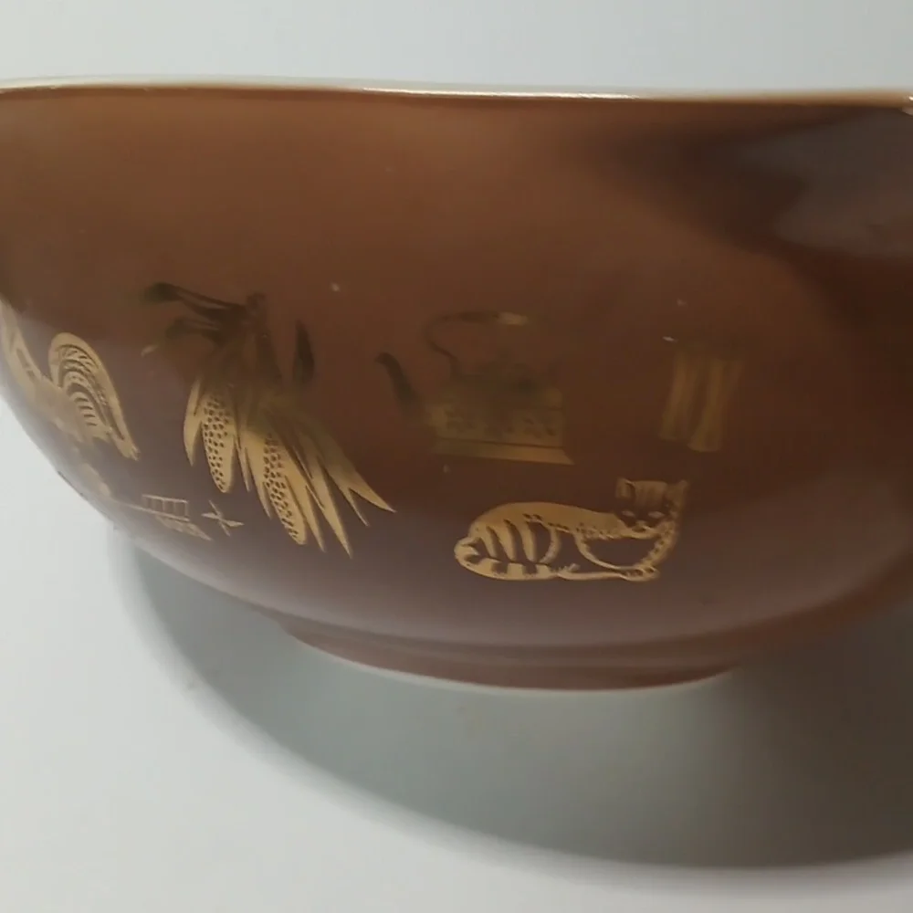 PYREX Vintage Mixing Serving Bowl Chocolate Golden Symbols Graphics Hand Washed
